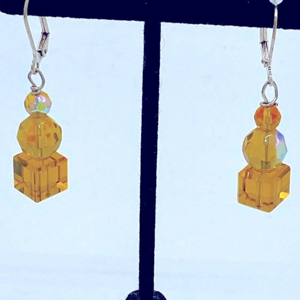Handcrafted Square Cut Gold AB Crystal Pierced Dangle Earrings 2” Long